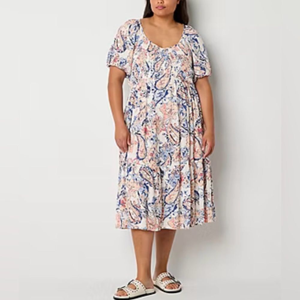 Frye And Co. Womens Short Sleeve Midi Fit + Flare Dress Floral Blue Pink XXL NWT